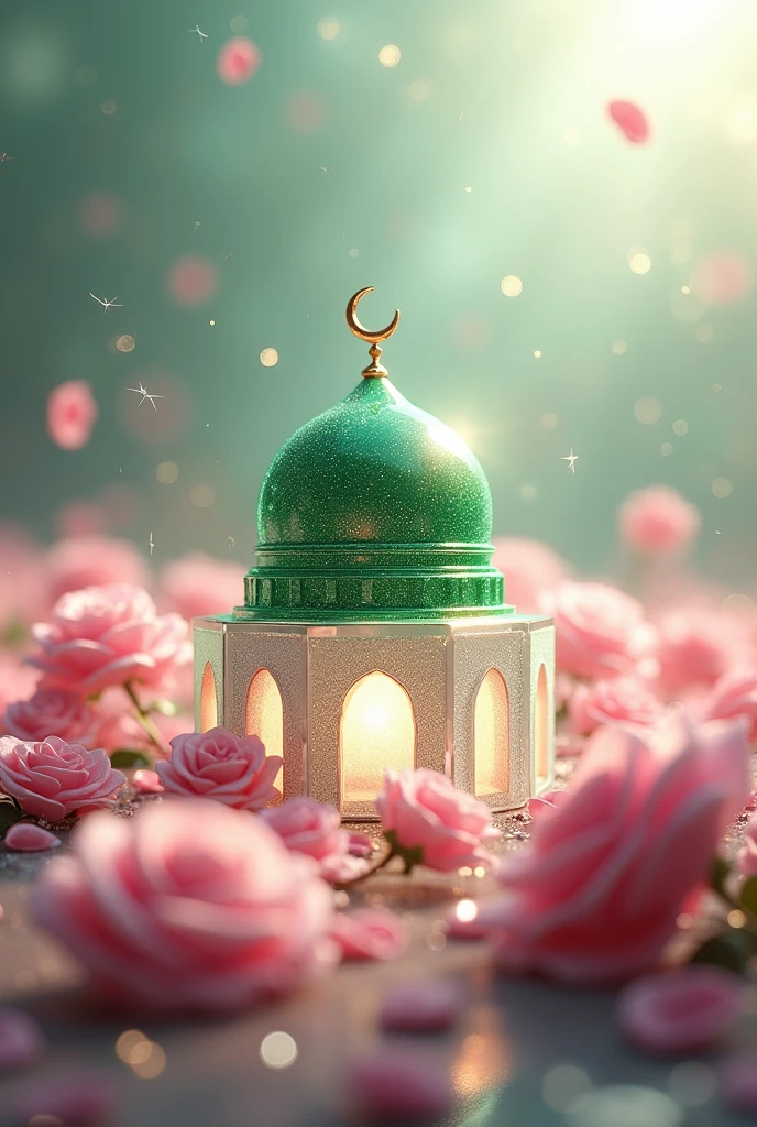 Creat a megical cgi 3d hyper realistic super cute transparent cristal glass madina mosque with green dom in pink flower on roses field with mist cloud