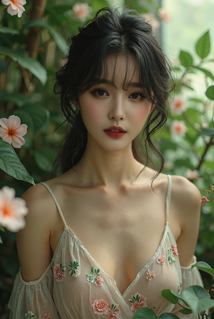 In a lush indoor garden, a Japanese woman wears a sheer top with a floral pattern, with a close-up focused on her breasts and the soft flowers behind her, creating a harmony of nature and beauty.