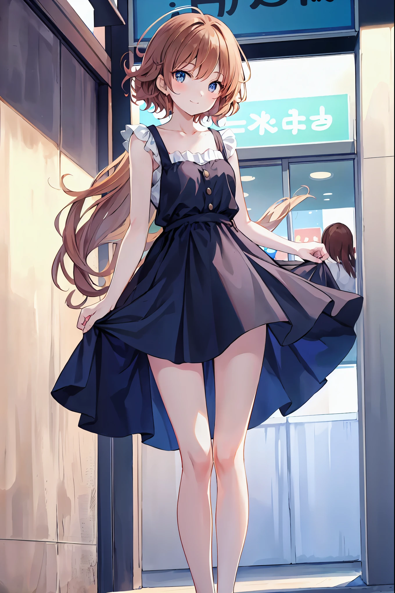 Brown Hair，Shoulder-length hair，Messy Hair，Slender beauty，Correct posture，Mid-chest，Beautiful feet，Very cute，🩷，（Cute older sister:1.3）、Long eyelashes、smile,early summer vibes、noon、Aggressive、hot、((Strong winds))、Red camisole，Her captivating grey-blue eyes shine like stars、Cafe，Anime girl standing in front of a store，Holding a cup of coffee