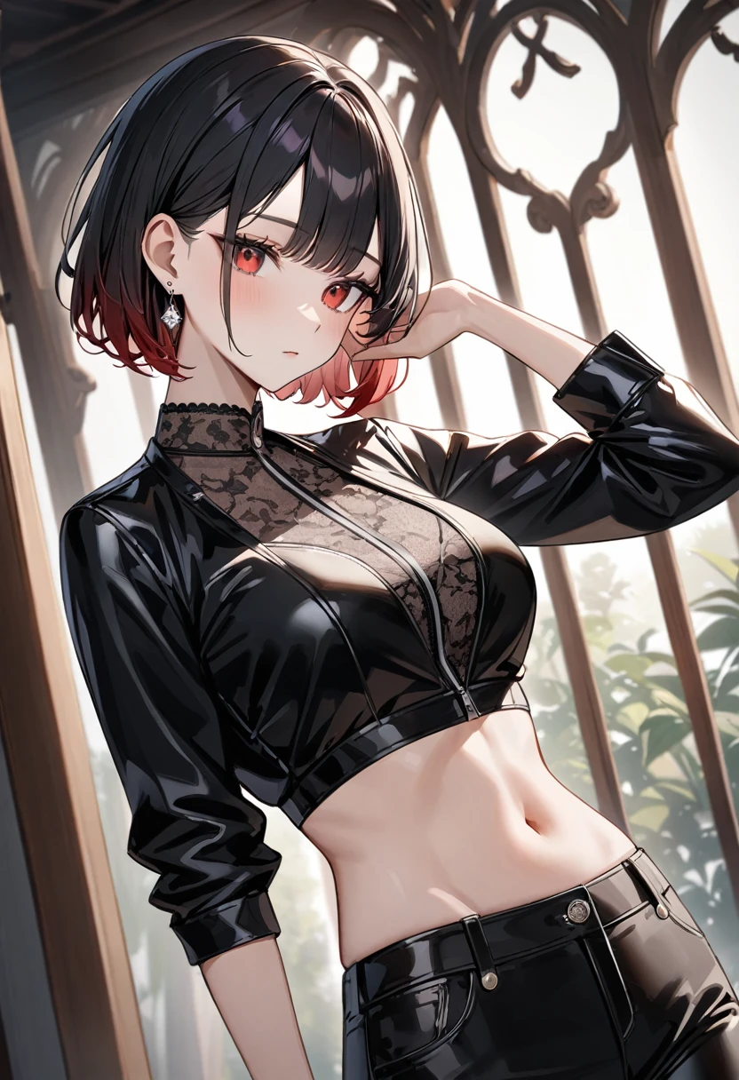 One girl、Red eyes、Black Hair、short、Black underwear、cute、Small breasts