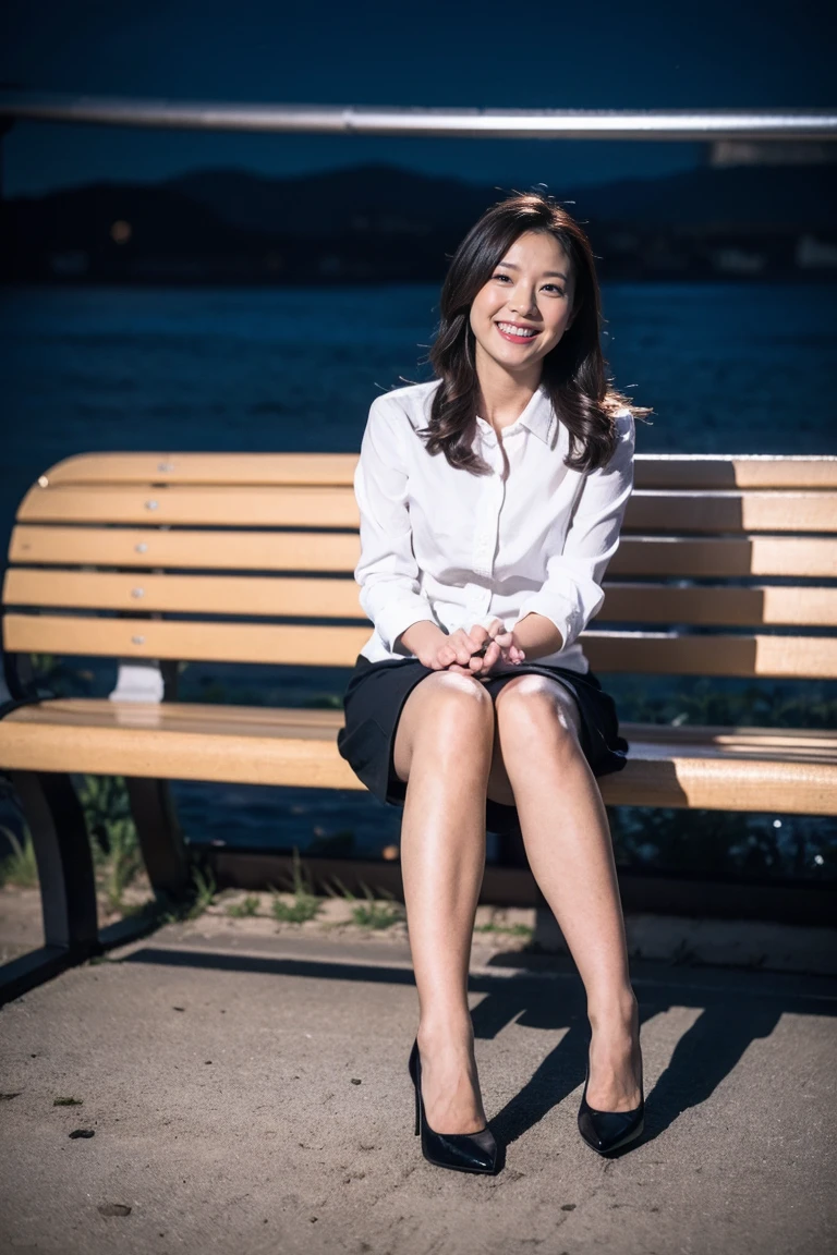 Highest quality, Masterpiece, Realistic, High resolution, 8K RAW Photos,alone, 1 person, Medium Long Hair、Sitting on a bench、Slim figure、Spread your legs wide、look away、grin,High heels、skirt、((Midnight:1.5))、Flash photography、Company uniform