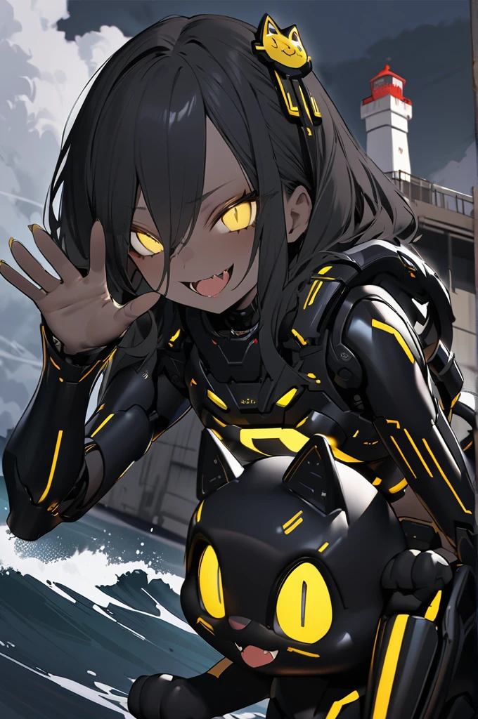 《​masterpiece》, 《best quality》, 《Ultra-detail》, '(((1 girl)))', adorable, '(((Advanced Cyborg)))', '((((dark skin))))', '((((black fur))))', '((((glowing yellow eyes))))', '((((Black exoskeleton))))', '((((Black hair color))))', tousled hair, '(((Smooth body)))', '(((Glowing body)))', '(((sharp nails)))', '(((black protruding hair accessory:1.0)))', '((((merged with Panther))))', '(((((evil smile)))))', '((((open mouth))))', '(((villain)))', '((((waving cat pose))))', '(((lighthouse)))', '(((Dark clouds are gathering)))', '((((stormy sea))))',