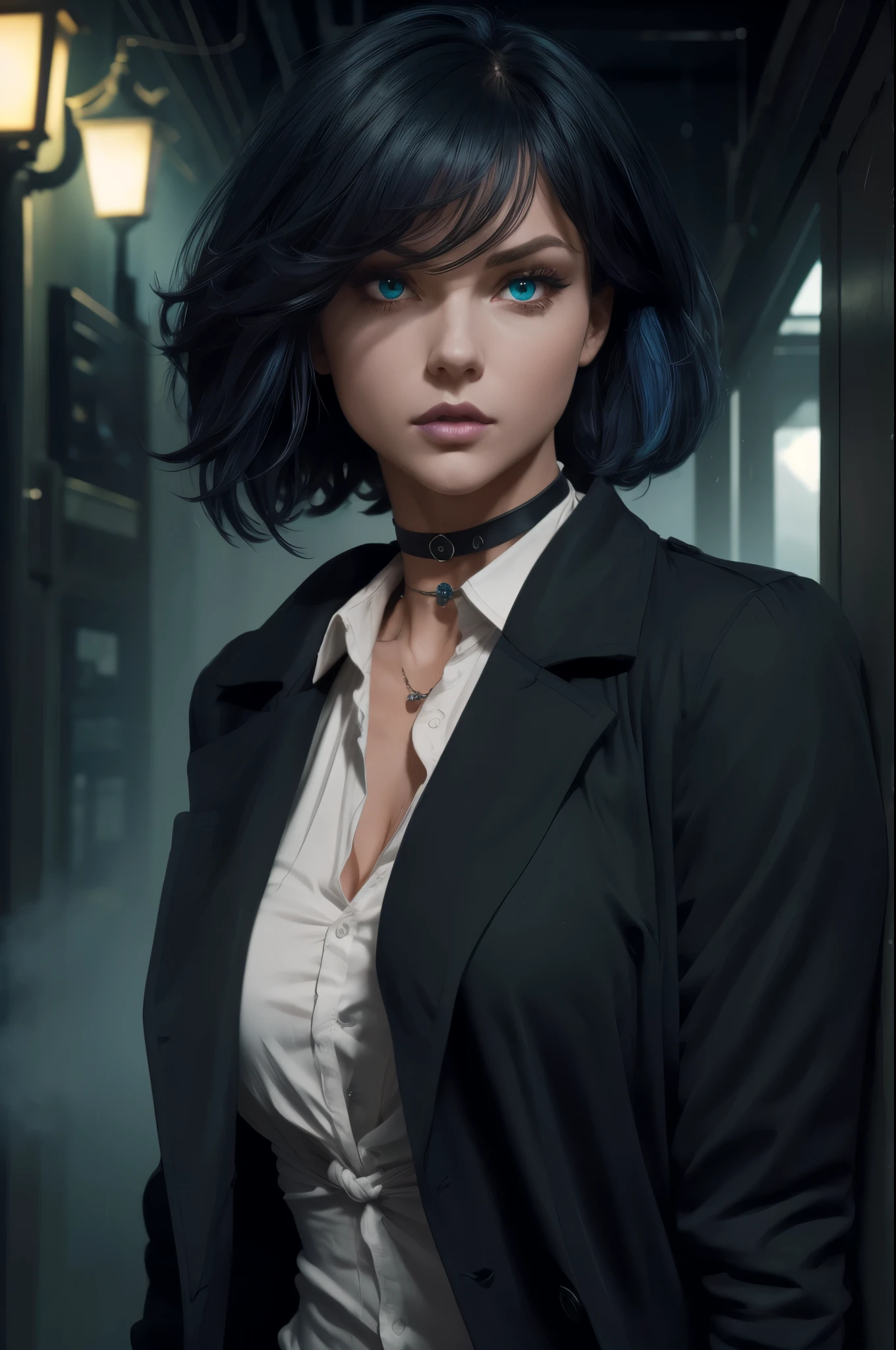 {{{{{masterpiece, best quality, official art, 8k, high resolution illustration}}}}}, grey theme, {{{{{{extremely detailed, detailed face, intricate details, lush detail, insanely detailed face, heterochromia}}}}}}, glowing eyes, green eyes, red eyes, {{{cinematic lighting, natural light}}}, 1girl, {{serious}}, {{{{rain}}}}, {city}, {{fog}}, city out of glass, {collared shirt}, solo, jacket, {{black coat}}, {{{coat on shoulders}}}, {thunder storm}, {dark blue necktie}, untied necktie, {{{dark blue hair}}, {{disheveled hair}}, {{high detailed big crystal on the choker}}, {{{purple lips}}}, {lipstick on the lips}, mascara, {{{{disheveled hair}}}}, short hair, white shirt, {under a detailed street lamp}, small breasts, nose, black jeans, legs, full body, perfect hands, perfect eyes, perfect fingers