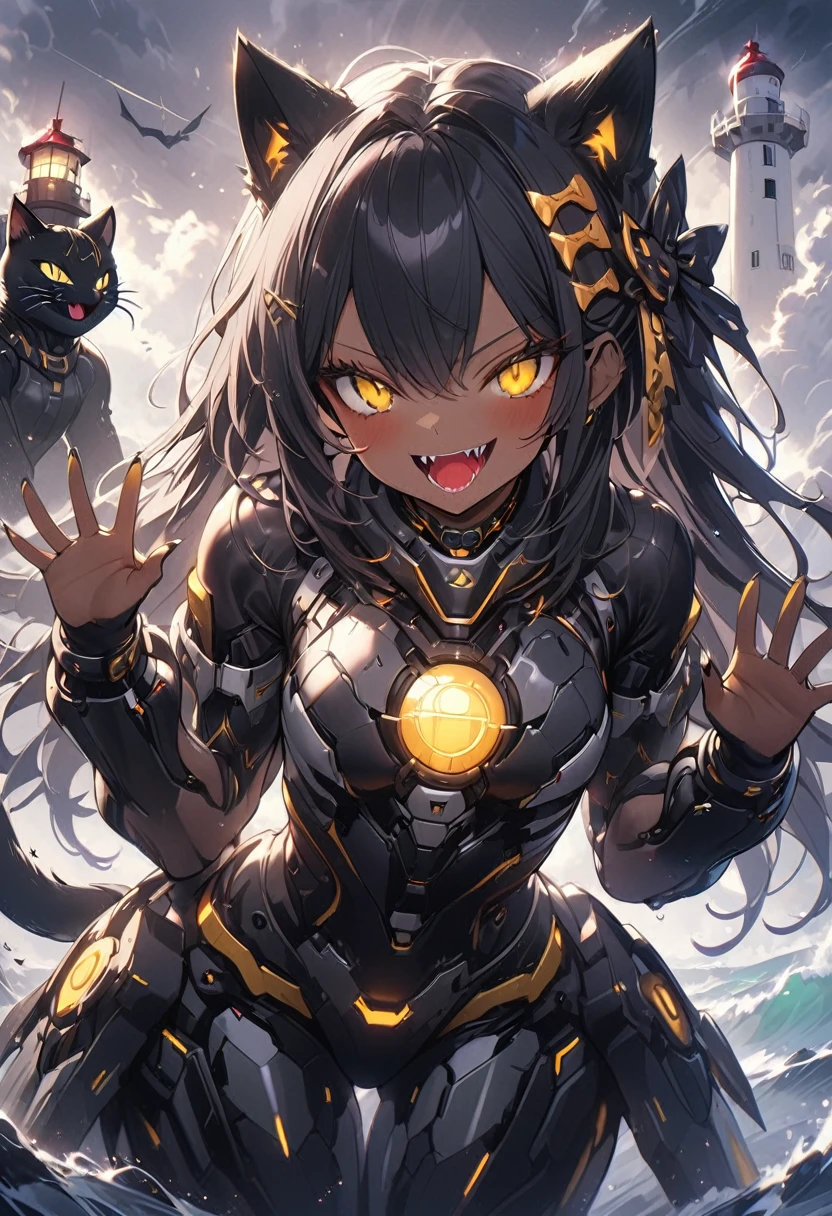 《​masterpiece》, 《best quality》, 《Ultra-detail》, '(((1 girl)))', adorable, '(((Advanced Cyborg)))', '((((dark skin))))', '((((black fur))))', '((((glowing yellow eyes))))', '((((Black exoskeleton))))', '((((Black hair color))))', tousled hair, '(((Smooth body)))', '(((Glowing body)))', '(((sharp nails)))', '(((black protruding hair accessory:1.0)))', '((((merged with Panther))))', '(((((evil smile)))))', '((((open mouth))))', '(((villain)))', '((((waving cat pose))))', '(((lighthouse)))', '(((Dark clouds are gathering)))', '((((stormy sea))))',