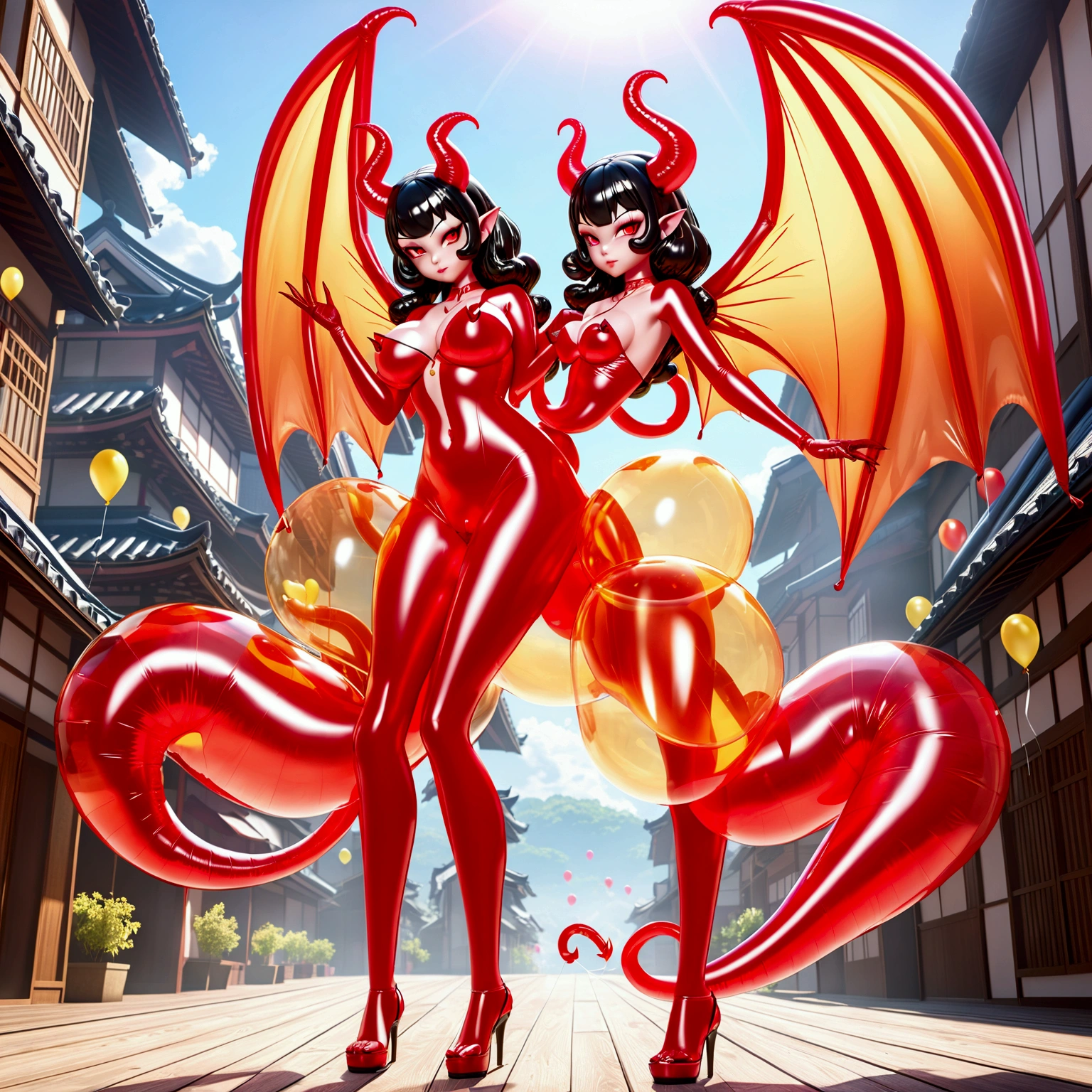 Two beautiful mature women,(Highest quality,Extremely detailed depiction,Incredibly absurd high resolution,Anatomically accurate depiction,Curvy Legs),(Glowing Skin,Shiny skin),(Bikini Swimwear,latex,Wet body),eyelash,Sweat,(Glowing pink eyes,Crazy Eyes,There is cleavage in the chest,Wicked Smile,Glossy Red Lips,Flashy makeup,Seductive gestures by two women,Half-closed eyes:1.3),whole body,background:Night Coast,Pink light,Her true identity is a succubus,Devil's Wings