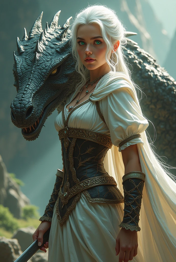 2D, anime style, Game of thrones style, "Daenerys Targaryen with flowing silver-blonde hair, standing confidently beside a majestic dragon with glinting scales, wings partially spread, in a dramatic background."