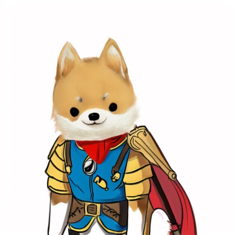 Close-up of a costumed stuffed animal, anthropomorphic Shiba Inu, Shiba Inu holding a baseball bat, Armor with a fox motif, shibu inu, The fox and the bush, Turf Figure, Shiba Inu cosmonaut, Shiba Inu, League of Legends Fox Chibi, Fox with a torch, Doge