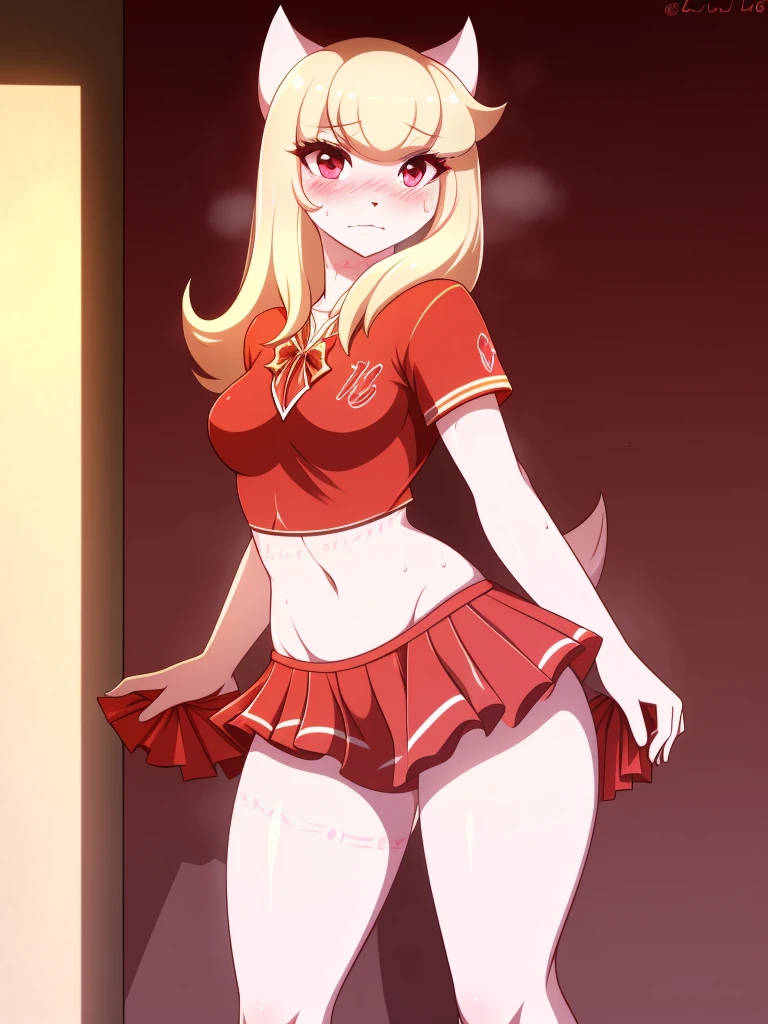 Crusch Lulu,furry,Bust ,Waist 57,Thigh 86,Good resolution,standing in a room alone,Cheerleading uniform,Good light and shadow details,shade,sexy body,blushing, Sweating, in the mood for sex