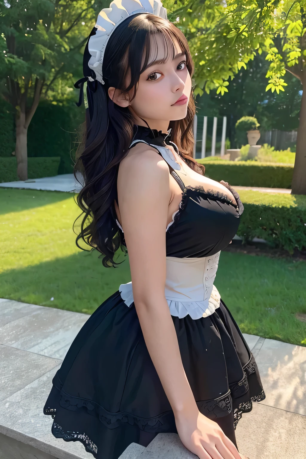 (( do it yourself skirt lift : 1.5 ))、(( panty shot : 1.3 ))、(lace underwear ),( highest quality、8K、masterpiece、realistic:1.3 )、 1 woman、( A garden with a classical and prestigious castle in the background )、( Very high quality deep background : 1.2)、nature bright sunlight、blue sky、smile、Brown hair tied into twin tails、beautiful woman with perfect figure: 1.4、Highly detailed face and skin texture、detailed eyes、double eyelid、very far away : 1.2 、I can see the whole body、white and black maid、White maid headband、ruffle blouse、ruffle mini skirt、ribbon tie、apron、high heels 、Show off your cleavage、
