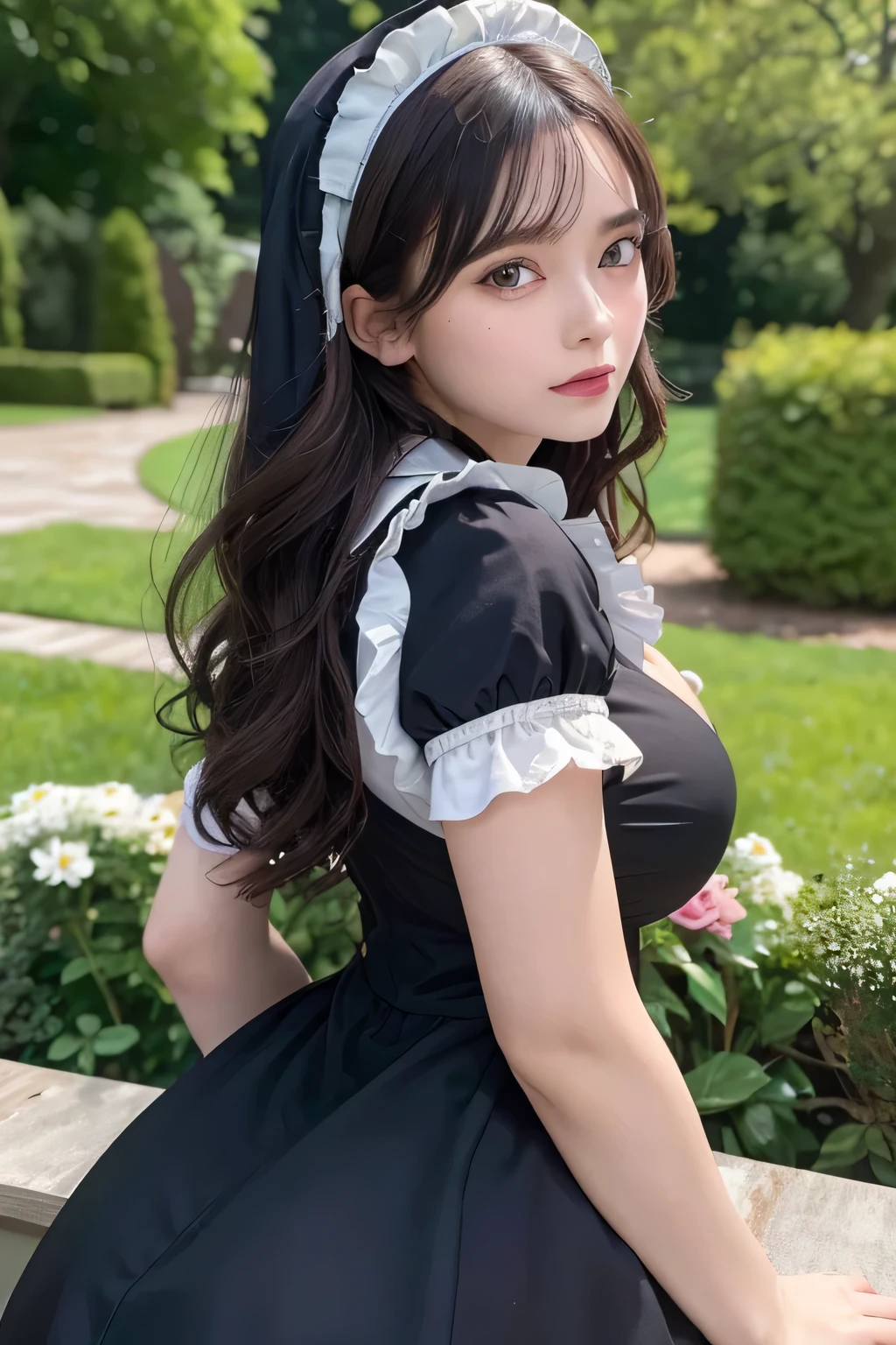 highest quality, masterpiece, ultra high resolution, (Photorealistic NSFW: 1.2), Raw photo, 1 girl, ((sweet  maid)), braided hair, ruffle blouse, ribbon tie, apron, skirt, puff sleeves, White Silk Socks，loafers, glowing skin, In the English garden, legal lolita style, Let the customer see your butt,