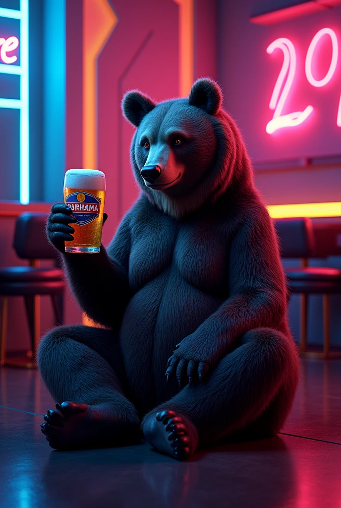 a bear drinking beer in a cyberpunk saloon , 8k unity render, cyberpunk style, neons, ultra detailed, cyberpunk city, large shot, realistic
