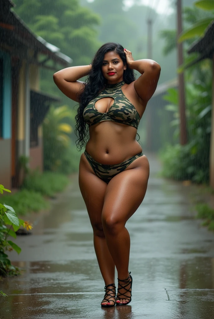 hot wet busty indian woman standing barefoot in rain wearing transparent white bikini and anklet