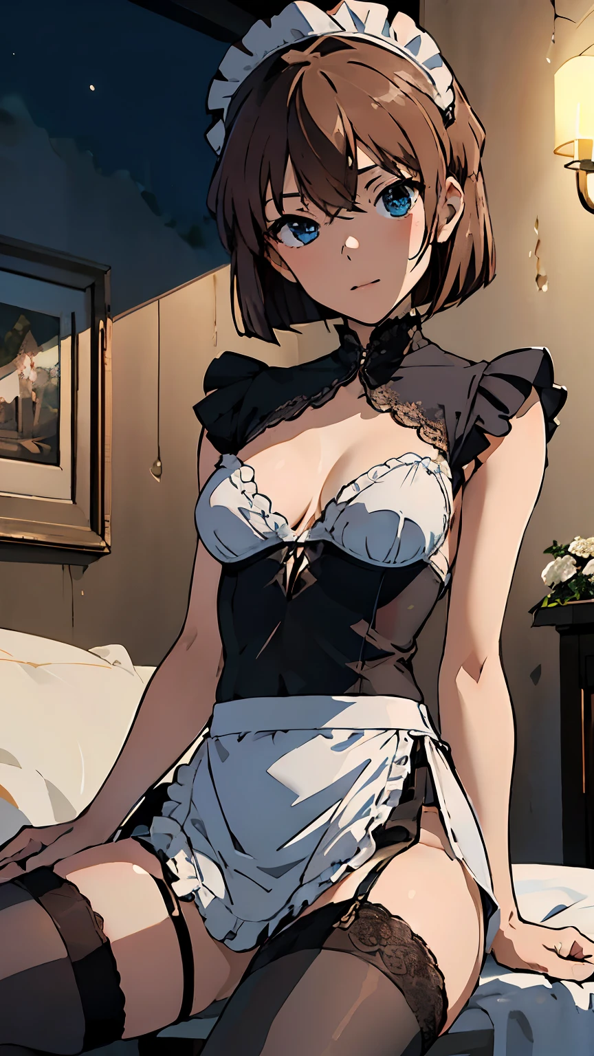 (masterpiece, The best quality at its best, high quality, High resolution, Super detailed), One girl, Brown Hair, Short fine hair, blue eyes, small Breasts, Lesbian, (maid headdress, mini-skirt maid, standing, lace stockings, black pump), Cowboy Shot, standing, spread legs, living room, indoors, (night: 1.5)
