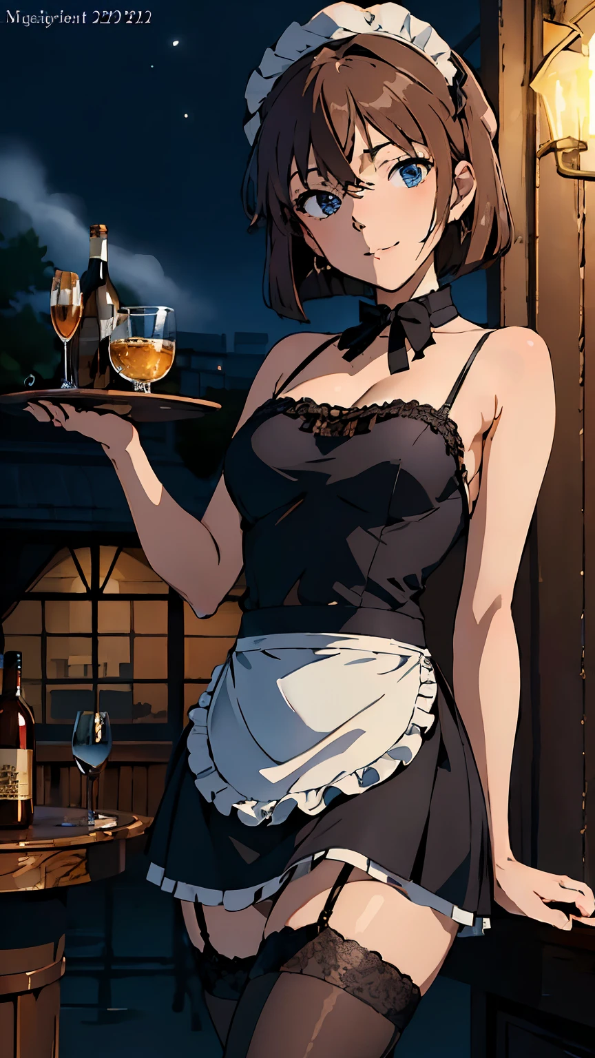 (masterpiece, The best quality at its best, high quality, High resolution, Super detailed), One girl, Brown Hair, Short fine hair, blue eyes, small Breasts, Lesbian, (maid headdress), (mini-skirt maid), (lace stockings), (black pump), Cowboy Shot, standing, bar, indoors, (night: 1.5)