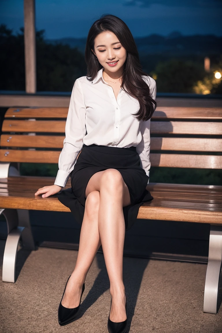 Highest quality, Masterpiece, Realistic, High resolution, 8K RAW Photos,1girl, 1 person, Medium Long Hair、Sitting on a bench、Slim figure、Spread your legs、looking away、Close ~ eyes,smile、High heels、skirt、((Midnight))、Flash photography、Company uniform