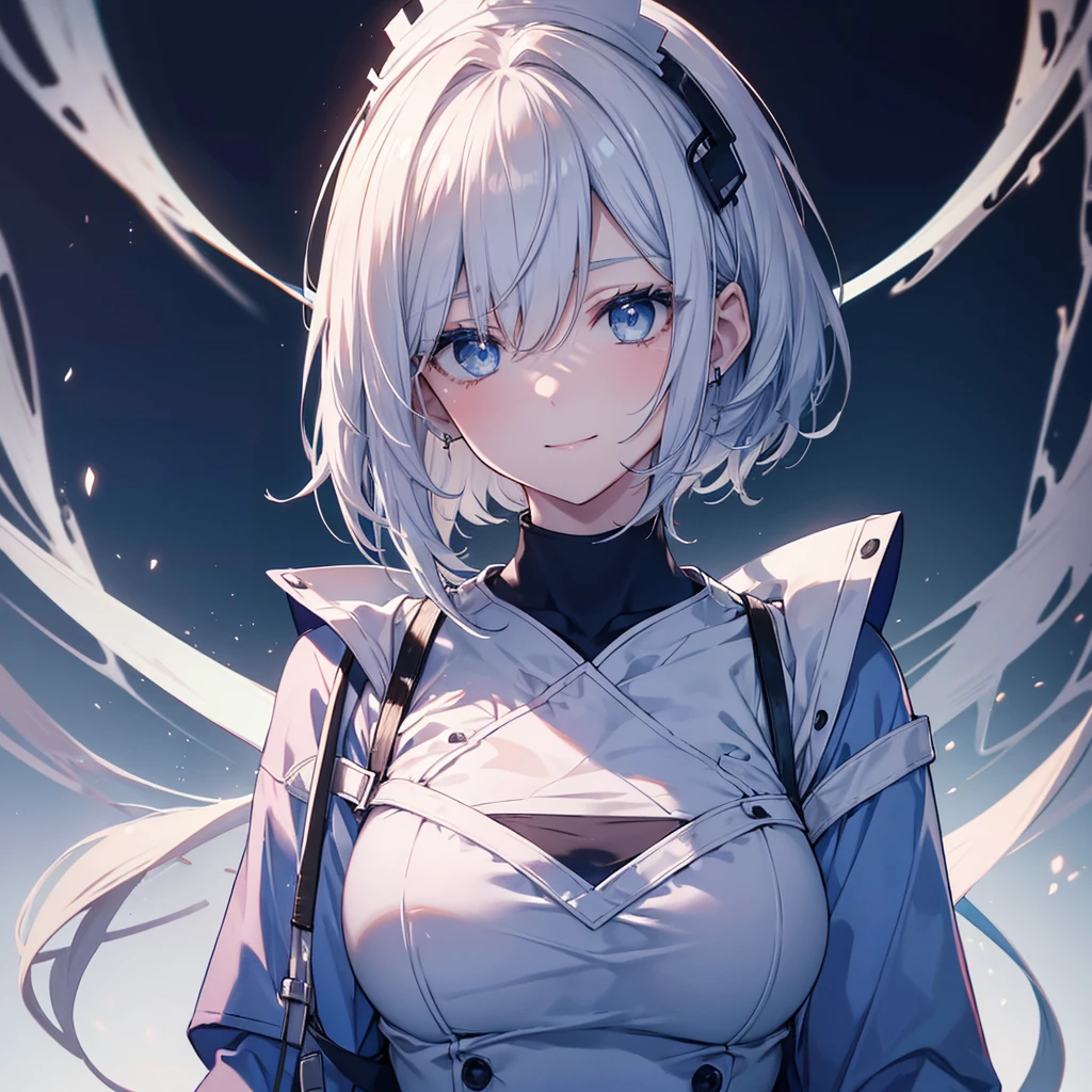 wear scrubs, White or pale blue scrub clothing, a beautiful detailed portrait of a shoulder length hair nurse aide, with no hat, large breasts, in an anime style, high resolution, photorealistic, dramatic chiaroscuro lighting, intricate details, ominous aura, beautiful blue eyes, beautiful silver hair, short bob cut, sharp facial features, strong presence, smile, I'm not wearing anything on my head, Hide your chest with your clothes.