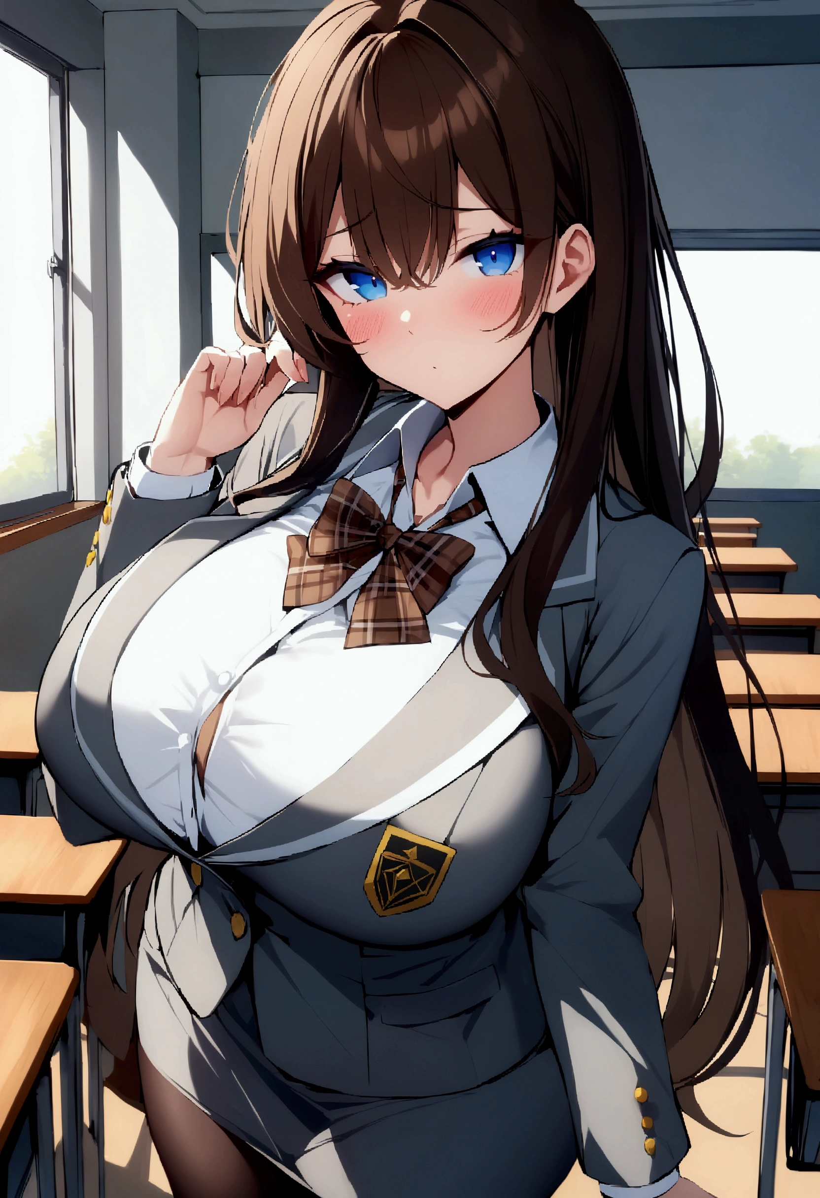 masterpiece、Highest quality、Best image quality、High resolution、Big Breasts、Brown Hair、Blue Eyes、Black Uniform、Unbranded uniform