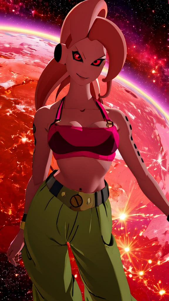 Fmajin,(pink skin:1.1),pink tentacle hair,smiling,(black sclera:1.2),red red eyes,tentacle hair,round ears,
baggypants,belt,black tube top,midriff,cleavage,bare shoulders,alien,M,shouler holes,
standing,no nose,
stars,space,milky way,
(insanely detailed, beautiful detailed face, masterpiece, best quality),solo,