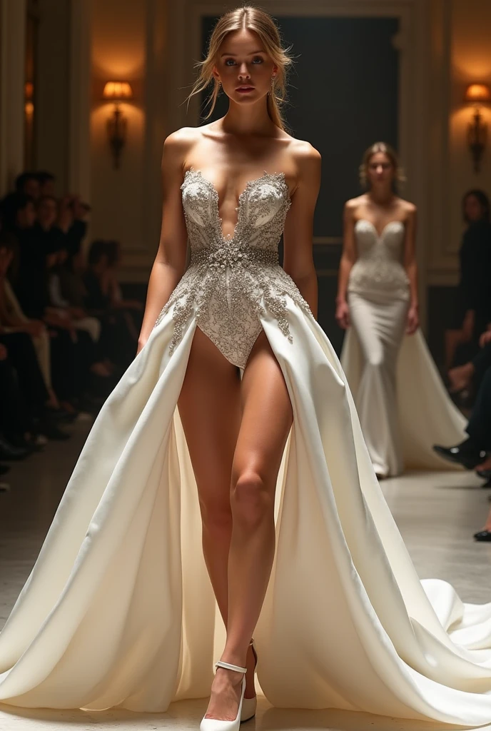 arafed woman in a sheer white dress walking down a runway, thierry mugler, mugler, iris van herpen, bella hadid, iris van herpen rankin, femme, van herpen, alexander mcqueen haute couture, paris fashion week, flowing shimmering fabrics, iris van herpen!!!, aleksandra waliszewska, flowing fur, vivienne westwood