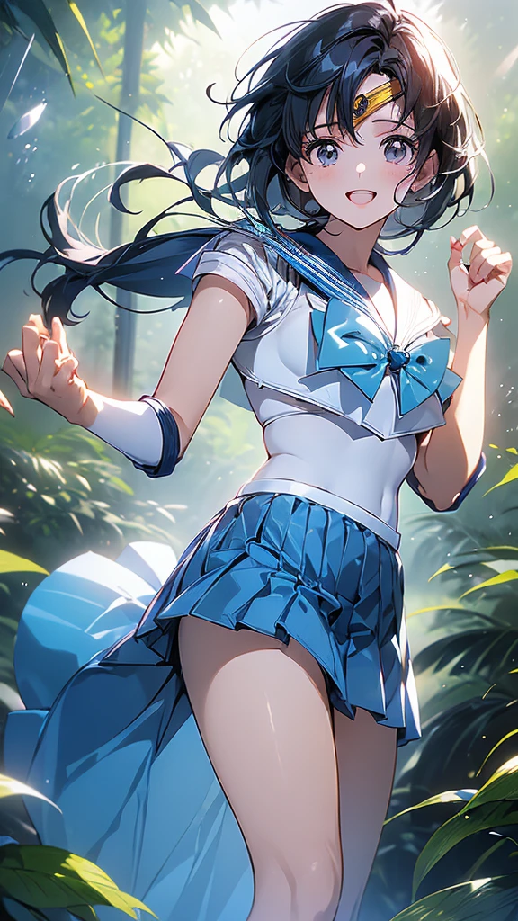 (Woman close up)、((A depiction of the whole body))、10 generations of women、Pink Lip Gloss、smile、blush、(Open the lipstick a little、High resolution、16K))、(((In the forest)))、(((Perfect cosplay of Sailor Mercury)))、One girl, solo, High resolution, Anatomically correct, Highest quality, (((Depict from head to foot)))、白いロンググローブ、滝にいる