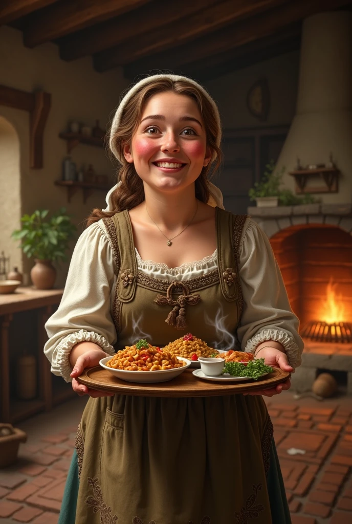 Masterpiece, Realistic, Photorealistic, Ultra Detailed, 8K, RAW photo, Depth of field, Realistic light, cinematic composition, one beautiful woman, sitting in taverna, Depth of field, 35 mm, off shoulder, short skirt, full-length portrait, medieval aesthetic, Cute sexy, pleasure, Depth of field, (focus: 1.2), Detailed face, real pale skin, Slender Eyes, realistic light, bottles, vine, bread, meat, celebration