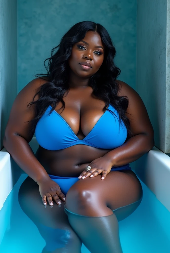 Thick African woman with large naked breasts, sitting in a pool of cum