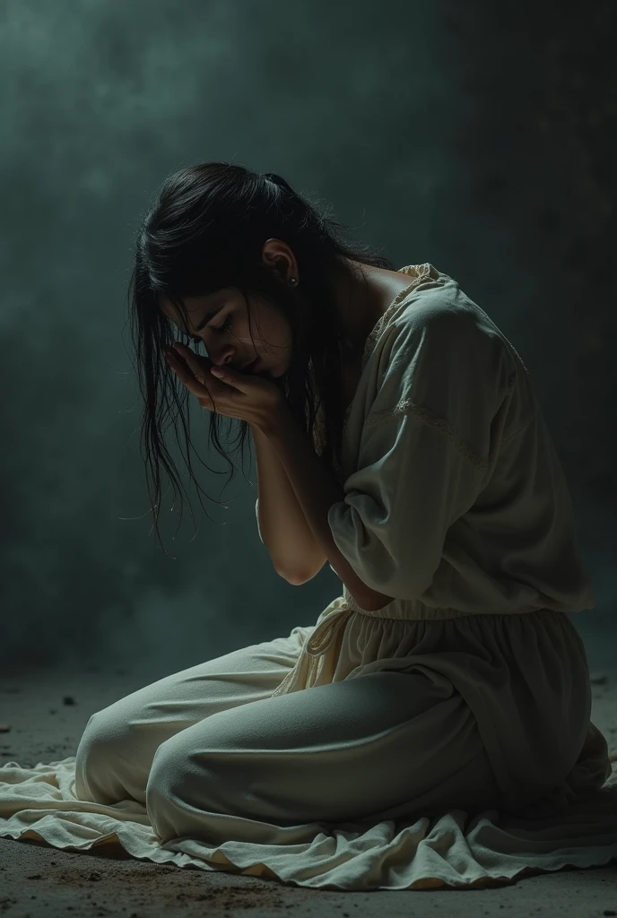 A woman is kneeling praying to God while it is raining and she is crying in pain 
