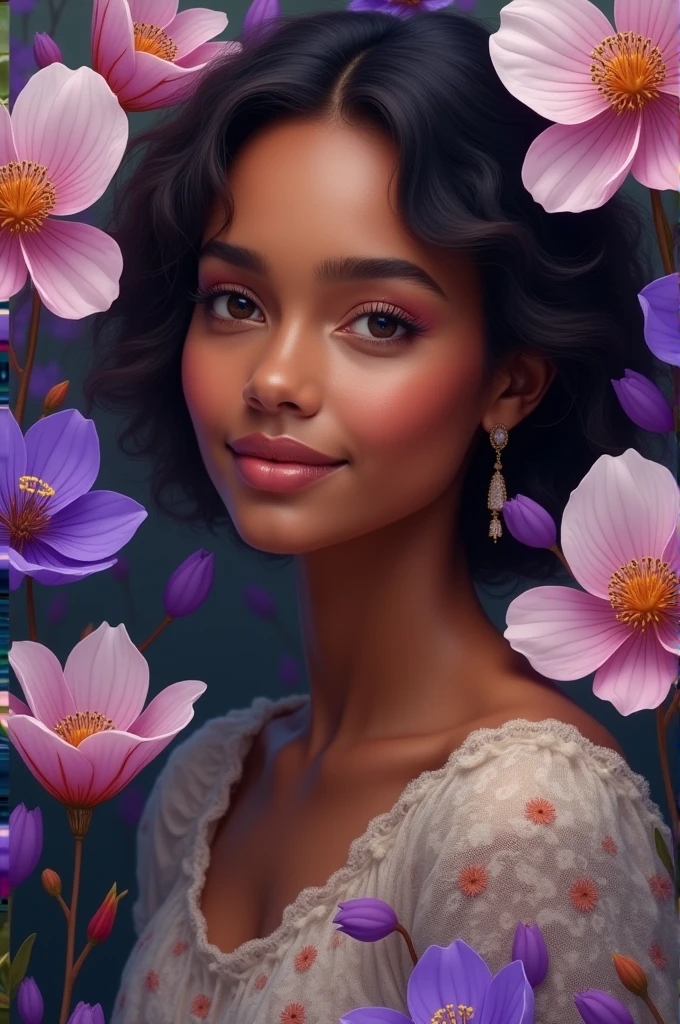 (masterpiece, best quality:1.5), highest quality, High resolution, super detailed, Realists, Upper body photo of a 22 year old black flower girl, dark skin, detailed and beautiful eyes, beautiful detailed lips, very detailed eyes and face, longeyelashes, 22-year-old woman in a purple short dress made of shiny satin fabric, Beautiful and colorful makeup, elegant and noble々Pose,shiny satin headband, grind, Holding flowers, Gardens as background, soft daylight, bright colors, fine brushstrokes, Portrait style, Noble details in the dress fabric, beautiful color palette, glowing skin, First-class rendering, that captures every detail, enchanting atmosphere, subtle shadows and lights, (perfect anatomy:1.2), (The two stunning 18-year-old flower girls carry baskets of rose petals. (magnificent panorama view:1.2)