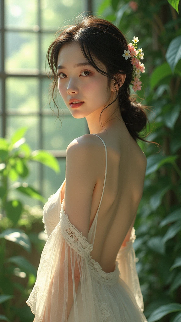 (Highest quality:1.4),(masterpiece:1.4),(Realistic:1.4),(Realistic:1.2),(超High resolution, RAW Photos:1.4),(High resolution, Very detailed:1.2),(8k:1.2),(Shot from behind:1.3)、photograph,Korean women、brown hair photos,One Woman,alone,(In underwear),((Thigh to head shot:1.3))、(((topless、You can see her large breasts from the side.)))、((Smile))、((Large Breasts:1.4))、Realistic skin textures、Slightly freckled、Slender figure、((background,Concrete wall:1.3)),(The breast is visible from the side:1.6),3 woman、((Updo long hairstyle,Clever hair arrangement))、((Very transparent white,Long lace slip:1.4))、((Correct toes))、Detailed facial features、Long slip covers the buttocks and soles of the feet、Long slip covers your butt、