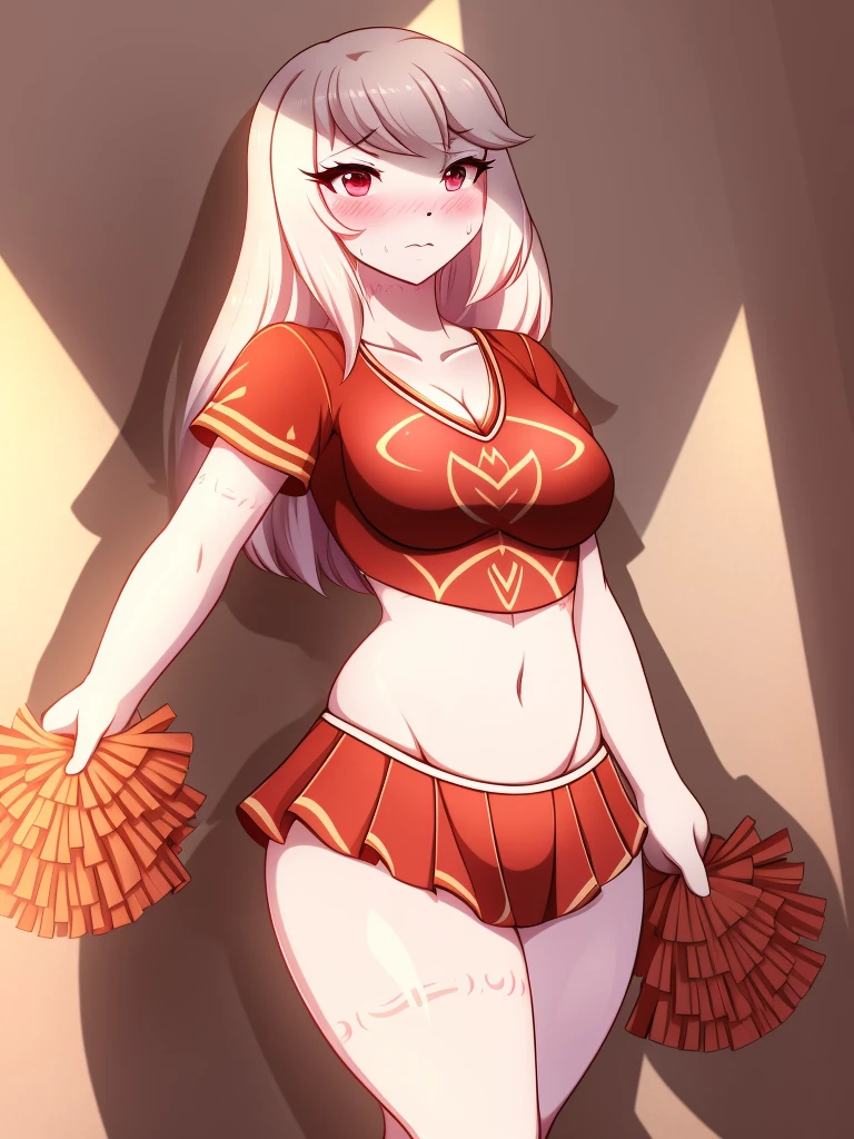 Crusch Lulu,furry,Bust big ,Waist 57,Thigh 86,Good resolution,standing in a room alone,Cheerleading uniform,Good light and shadow details,shade,sexy body,blushing, Sweating, 