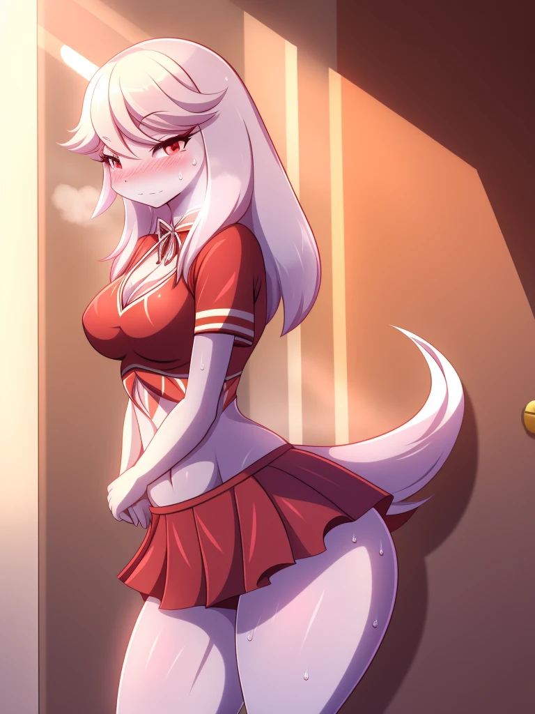 Crusch Lulu,furry,Bust big ,Waist 57,Thigh 86,Good resolution,standing in a room alone,Cheerleading uniform,Good light and shadow details,shade,sexy body,blushing, Sweating, 