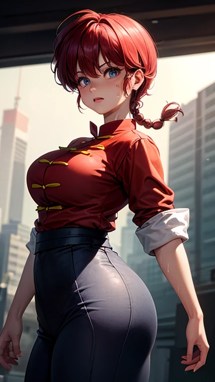 (high quelity), Female Ranma, JK, red short bikini, thight stockings, high heels, mischievous smile, light blush, looking at viewer, huge breasts, precise hands, sexy pose, detailed background, red braid