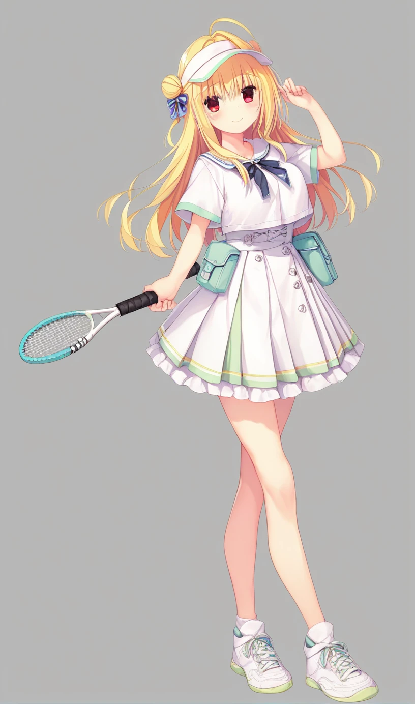 1girl,hiyori-default,red eyes,blonde hair, double bun,ahoge, long hair, Pastel green cropped T-shirt, tennis skirt, white skirt, white sneakers, light colored cap, silver accessories, light material waist pouch, smiling, standing, One person、Uplifting