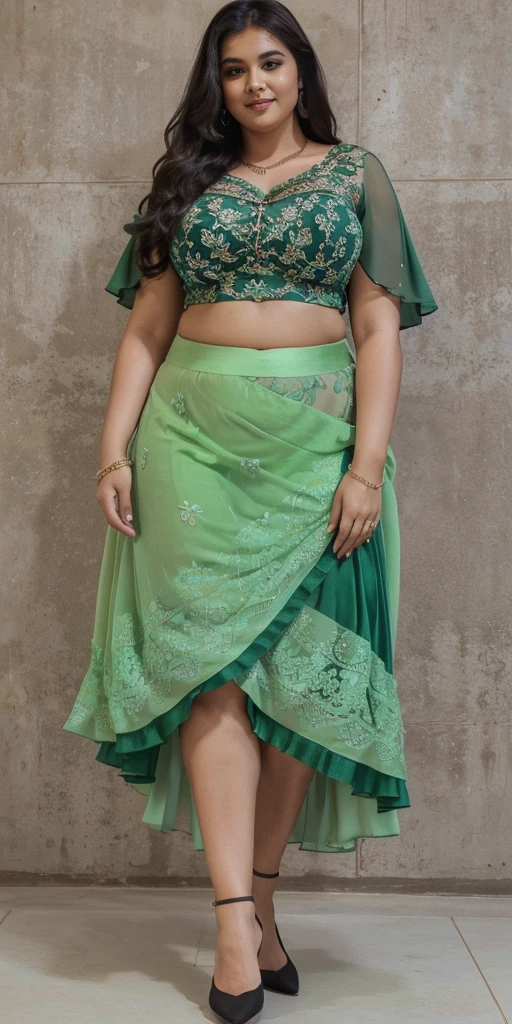 Day scene, A radiant, full-figured South Indian 35 year old aunty a red colour chiffon mini skirt and black chiffon shirt, standing, in a garden captured in a full-body image with vibrant hues and meticulous details. Full body image