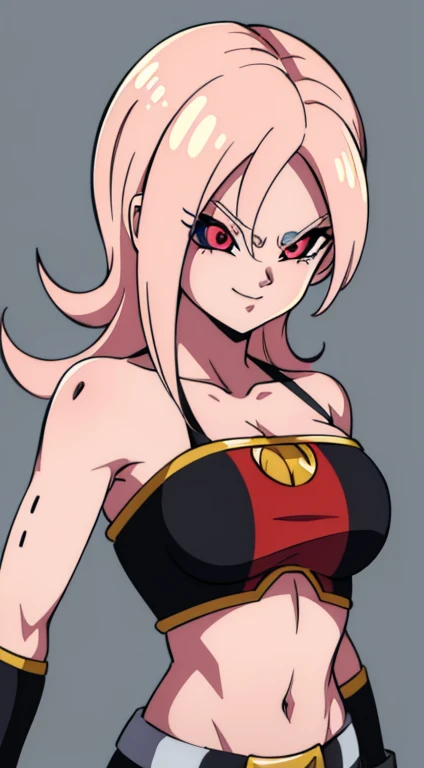 (high-quality, breathtaking),(expressive eyes, perfect face) Symmetrical Eyes, portrait, dragon ball z xenoverse 2, 1girl, female, alien, Majin Race, FMajin, Female Majin Buu, (pink skin:1.1), bubblegum pink skin color, red colored skin, smiling,(black sclera:1.2), red eyes, tentacle hair, baggypants, belt, black tube top, midriff, bare shoulders, alien, M, shoulder holes, standing, no nose, grey background, medium length hair, wavy hair, hair between eyes, Towa
