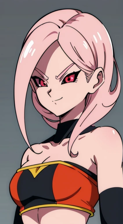 (high-quality, breathtaking),(expressive eyes, perfect face) Symmetrical Eyes, portrait, dragon ball z xenoverse 2, 1girl, female, alien, Majin Race, FMajin, Female Majin Buu, (pink skin:1.1), bubblegum pink skin color, red colored skin, smiling,(black sclera:1.2), red eyes, tentacle hair, baggypants, belt, black tube top, midriff, bare shoulders, alien, M, shoulder holes, standing, no nose, grey background, medium length hair, wavy hair, hair between eyes, Towa
