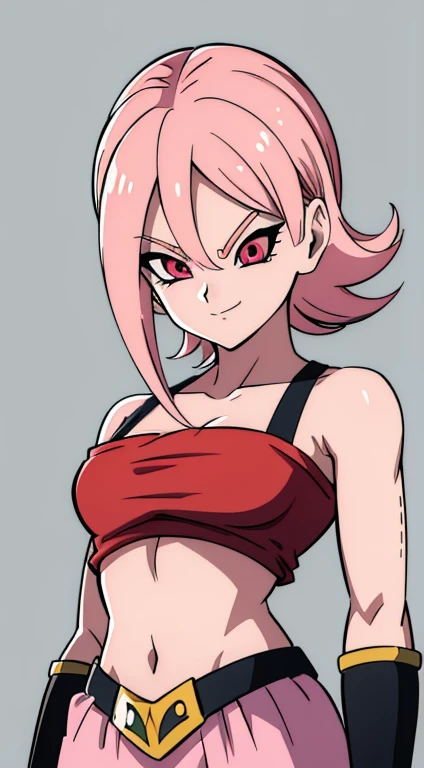 (high-quality, breathtaking),(expressive eyes, perfect face) Symmetrical Eyes, portrait, dragon ball z xenoverse 2, 1girl, female, alien, Majin Race, FMajin, Female Majin Buu, (pink skin:1.1), bubblegum pink skin color, red colored skin, smiling,(black sclera:1.2), red eyes, tentacle hair, baggypants, belt, black tube top, midriff, bare shoulders, alien, M, shoulder holes, standing, no nose, grey background, medium length hair, wavy hair, hair between eyes, Towa
