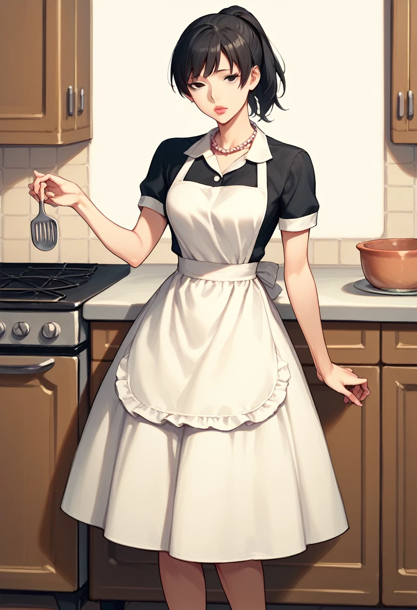 Hibiki Tsukahara, black eyes, black hair, ponytail, narrow eyes, slanted eyes,dress、apron、Short sleeve、High heels、Pearl necklace、jewelry、make、、lipstick、indoor、kitchen