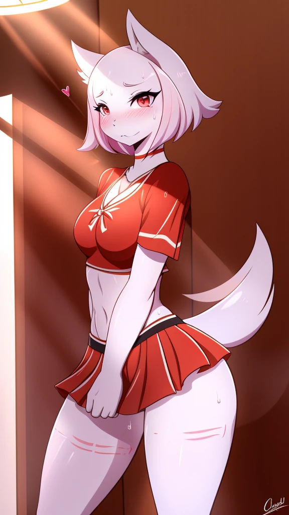 Crusch Lulu,furry,Bust big ,Waist 57,Thigh 86,Good resolution,standing in a room alone,Cheerleading uniform,Good light and shadow details,shade,sexy body,blushing, Sweating, 