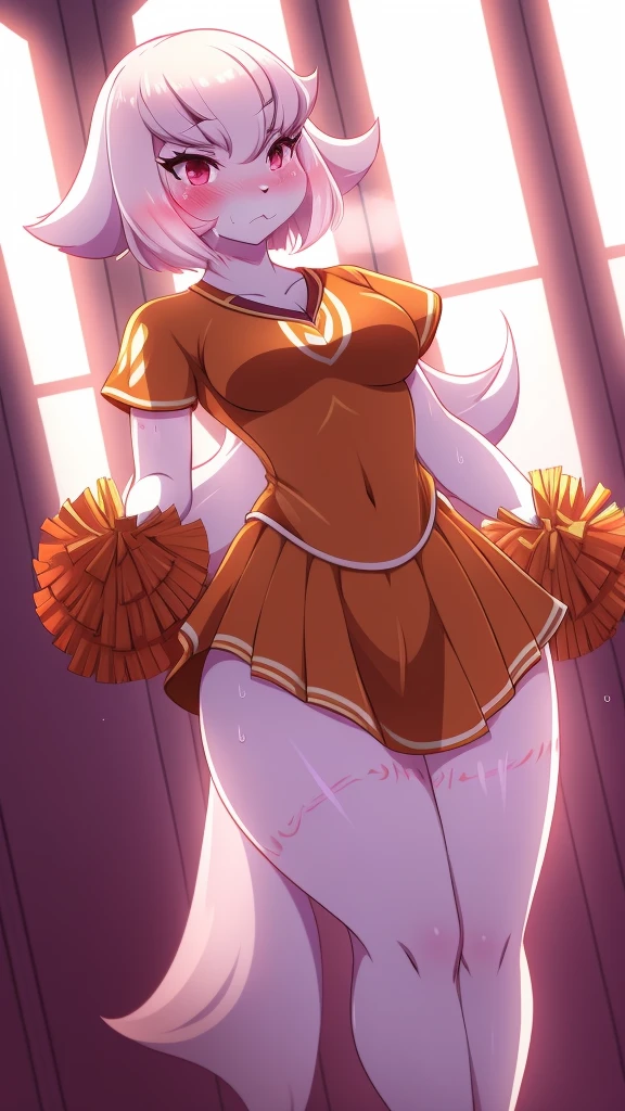 Crusch Lulu,furry,Bust big ,Waist 57,Thigh 86,Good resolution,standing in a room alone,Cheerleading uniform,Good light and shadow details,shade,sexy body,blushing, Sweating, 