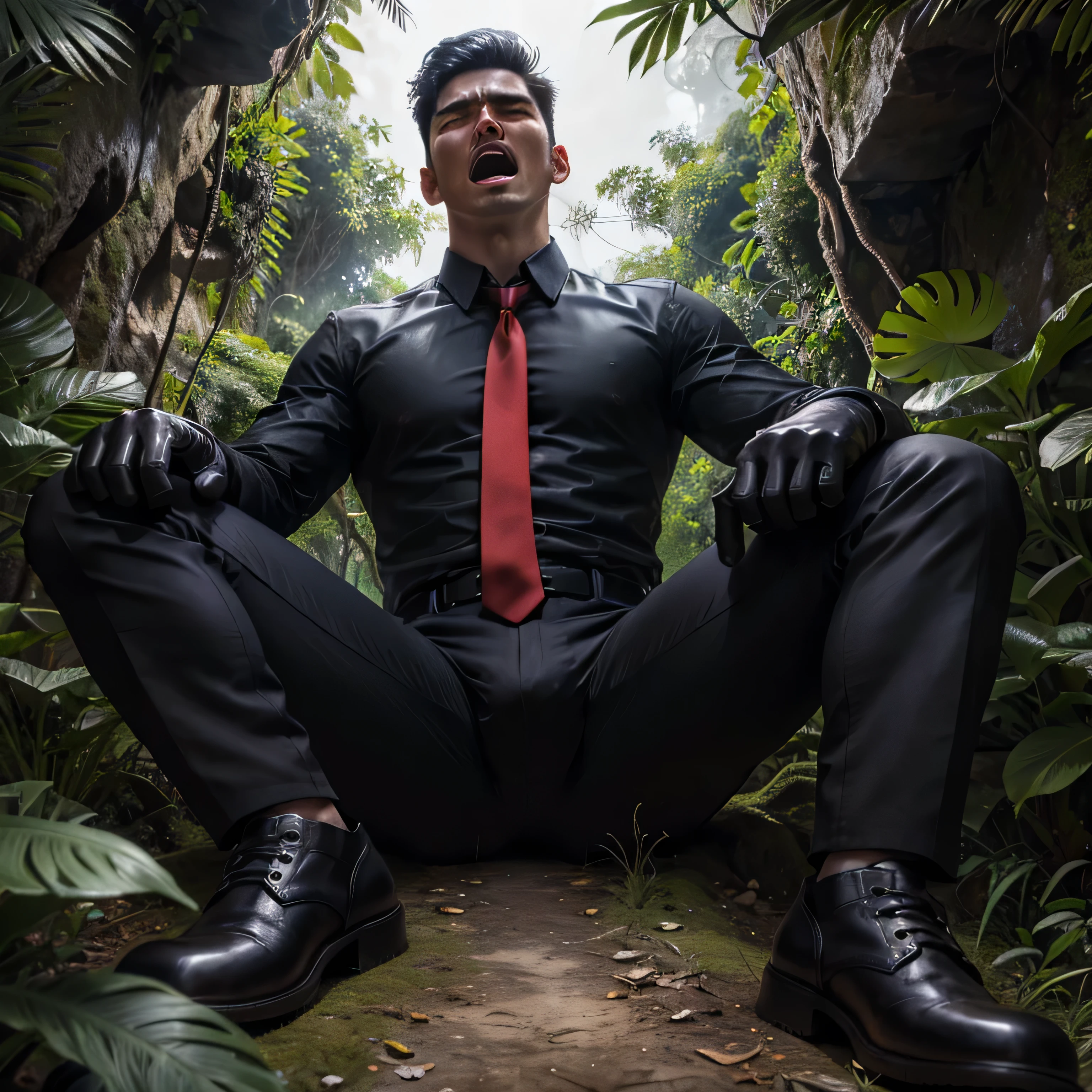 Age 27,One Man,Tall handsome man、Black Shirt、Red tie、Black gloves、Forest、Lying on your back on the ground、knock down、 ,Black Hair、Very short hair、Asian Face　　Seen from below 　The crotch area of my trousers is swollen　Mouth wide open　drooling
