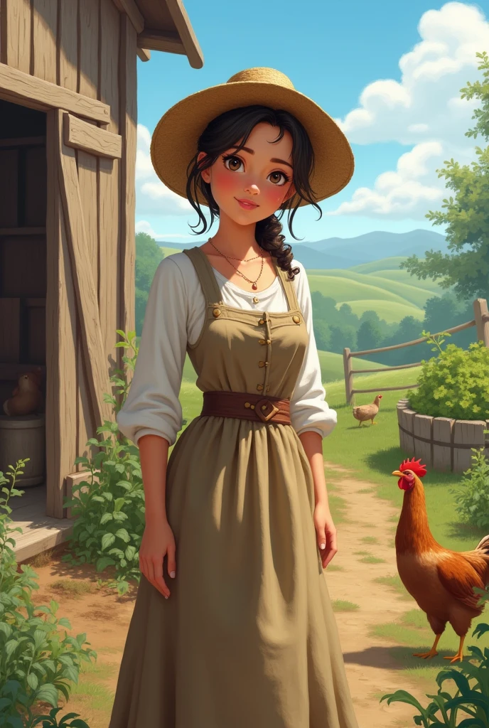 The peasant woman is a genuine and authentic figure, rooted in the simplicity and beauty of country life. Looking natural and healthy, she has a warm smile that lights up her face. Her hair is tied back in an unpretentious bun, while her face sports a few soft freckles, the result of days spent outdoors. She wears practical clothes, like a simple cotton dress, and a worn apron that tells stories of hard work. Her eyes express wisdom and determination, reflecting the deep connection she has with nature and the land she cultivates. The peasant woman is a welcoming and vital presence in the community, a symbol of simplicity, strength and hard work.