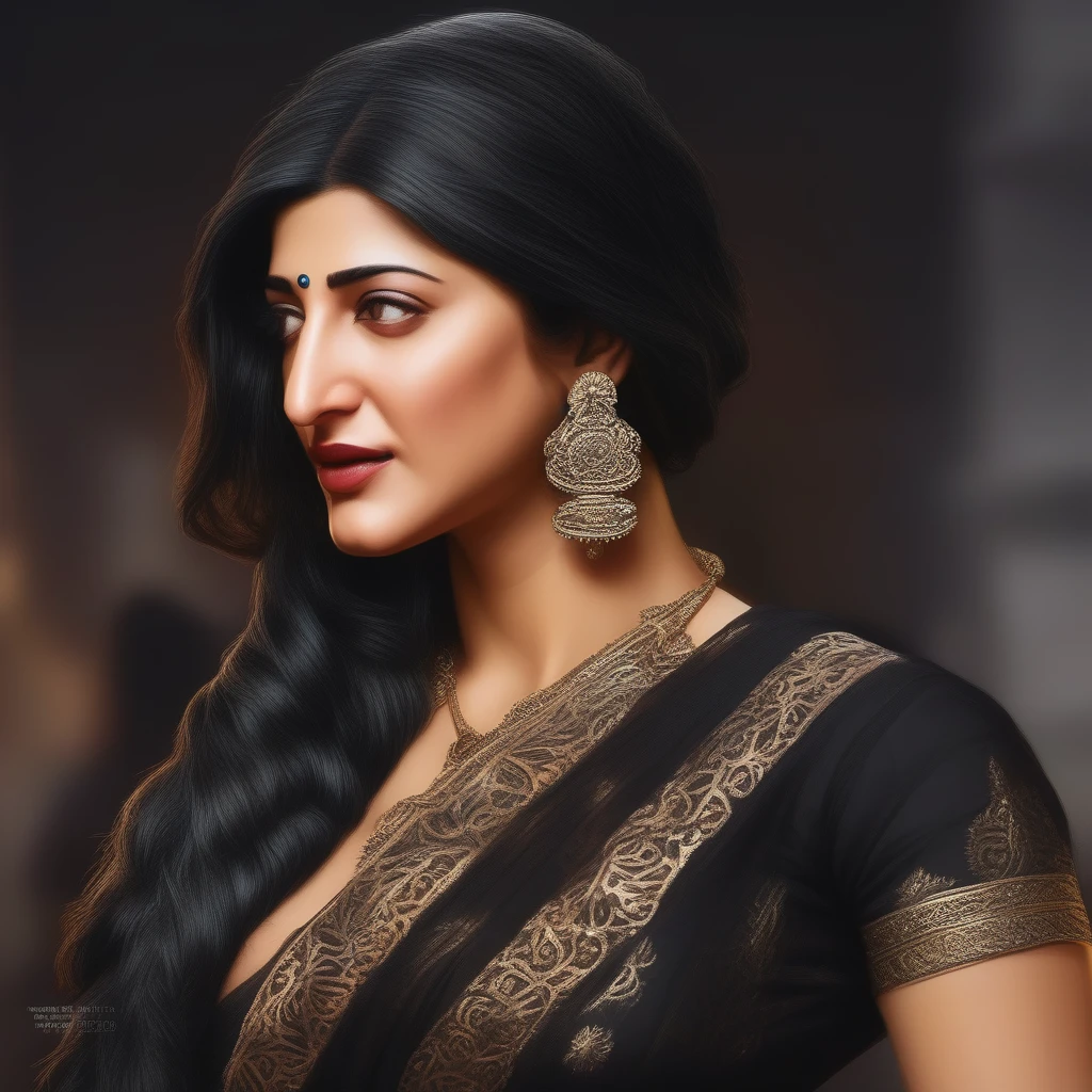 Shruti haasan,(art by Kubisi Art:0.7) , (art by Tom McGuinness:0.9) , wearing black saree, showing navel, [portrait, full body pic of Scandinavian Girl, Directing a TV show, Masculine Pose, Vile hair styled as Chignon, Hopeful, L USM::8], hyper realistic, hyper detailed, 4k, realistic skin texture, Indian traditional longest braided hair, princess longest  braided hair , detailed eyes, best quality, 4k quality eyes , 