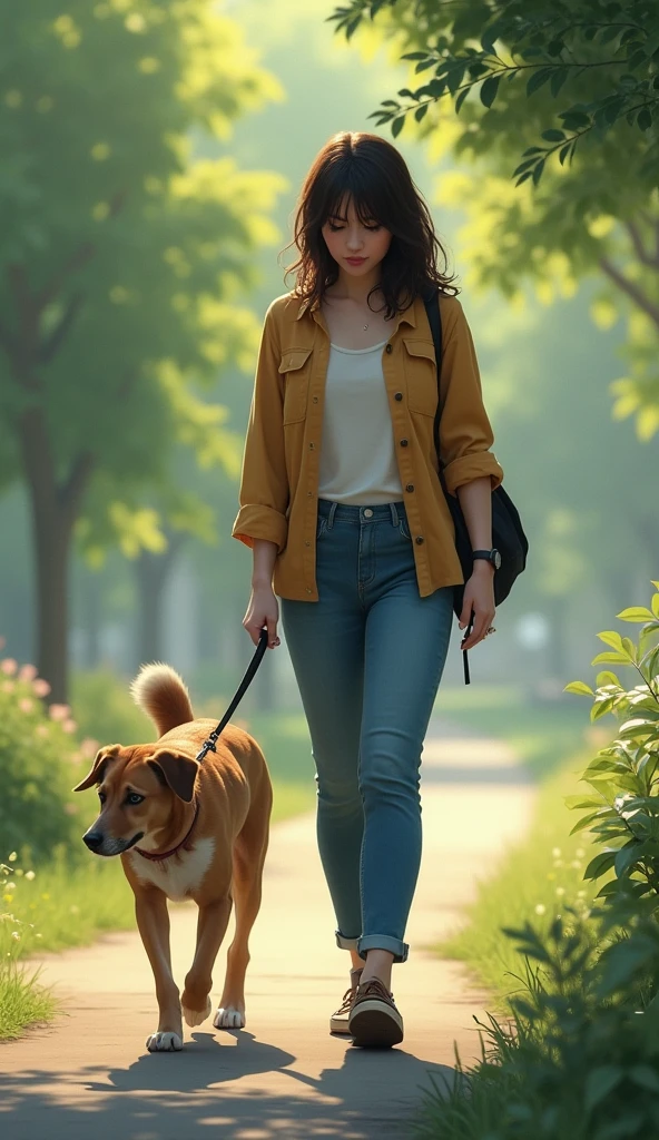 Dog walking looking down、Dog looking down、Walking dog and owner、Woman behind