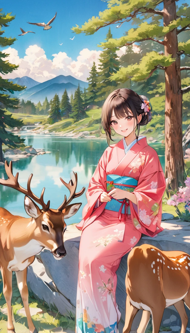 Young beautiful woman in kimono, Colorful, Marugaku,Look at me and smile,  (Big Pine Tree, Mountain, deer, bird,  White cloud), Japanese painting style, Illustration art, art，Colored pencil drawing，Draft, 