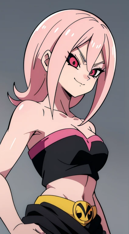 (high-quality, breathtaking),(expressive eyes, perfect face) Symmetrical Eyes, portrait, dragon ball z xenoverse 2, 1girl, female, alien, Majin Race, FMajin, Female Majin Buu, (pink skin:1.1), bubblegum pink skin color, red colored skin, smiling,(black sclera:1.2), red eyes, tentacle hair, baggypants, belt, black tube top, midriff, bare shoulders, alien, M, shoulder holes, standing, no nose, grey background, medium length hair, wavy hair, hair between eyes, Towa
