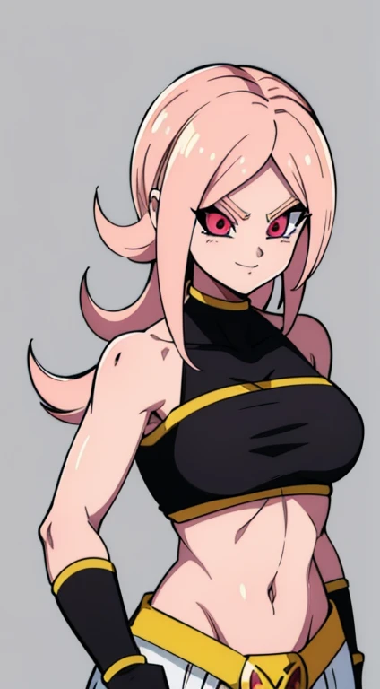 (high-quality, breathtaking),(expressive eyes, perfect face) Symmetrical Eyes, portrait, dragon ball Z inspired, dragon ball z xenoverse 2, 1girl, female, alien, Majin Race, FMajin, Female Majin Buu, (pink skin:1.1), bubblegum pink skin color ,smiling,(black sclera:1.2), red eyes, tentacle hair, baggypants, belt, black tube top, midriff, cleavage, bare shoulders, alien, M, shoulder holes, standing, no nose, stars, grey background, medium length hair, hair between eyes