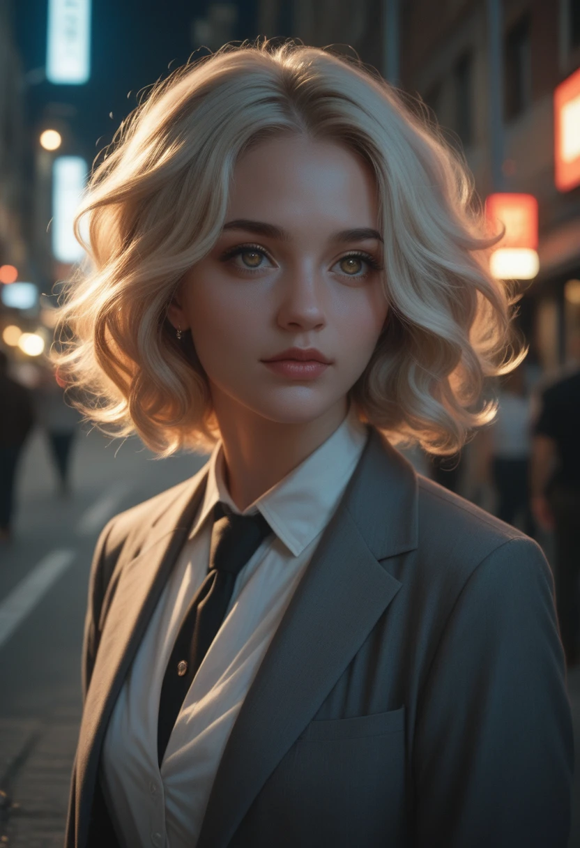 beautiful girl, bright hair, drak eyes, on the street, cinematic, professional lighting, score_9, score_8_up, score_7_up,