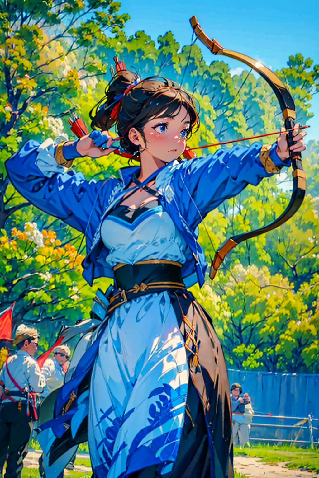 1girl,solo,cool,archery athlete,she hold a bow,draw a bow,archery,archer,cleavage,in archery venue, mounted archery