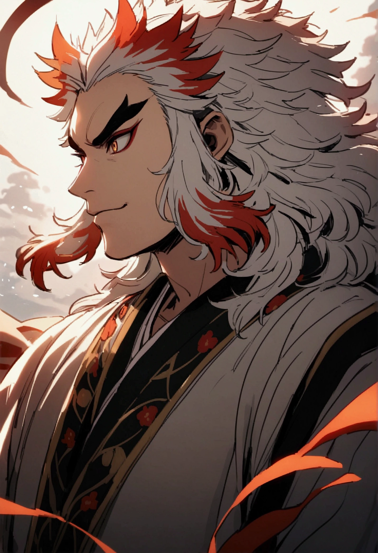 absurdrez, high resolution, super verbose, high resolution, Masterpiece artwork, very high quality, Rengoku Kyojuro second in command of a sword, Long white hair with green highlights, Olhos castanhos expressivos, Kimetsu no Yaiba, 1 person, bonitas, red petals, red lily, red moon, inflammation, (dark circles wolf)